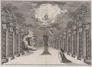 A woman standing on the right side of a road lined with columns; at center a statue of a f..., 1674. Creator: Mathäus Küsel.
