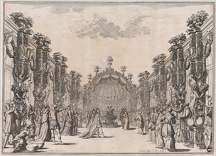 A large group gathered in a courtyard before a domed structure; musicians play at left; se..., 1674. Creator: Mathäus Küsel.