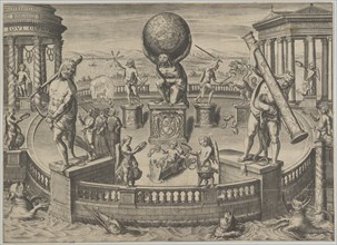 Allegory of the Twelve Labors of Hercules Statues in a Circular Garde..., mid 16th-mid 17th century. Creator: Matthaeus Greuter.