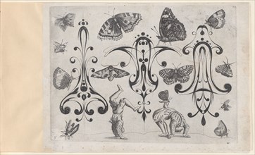 Blackwork Designs with Acrobats, Butterflies and Other Insects, Plate 3 from a Serie..., after 1622. Creator: Meinert Gelijs.