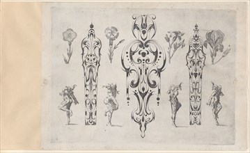 Blackwork Designs with Flowers and Commedia dell'Arte Figures, Plate 4 from a Series..., after 1622. Creator: Meinert Gelijs.