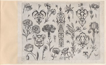 Blackwork Designs with Flowers, Plate 6 from a Series of Blackwork Ornaments combine..., after 1622. Creator: Meinert Gelijs.