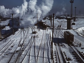 Belt Railway, looking toward the west yard of clearing yard, from bridge of hump, Chicago, Ill, 1943 Creator: Jack Delano.
