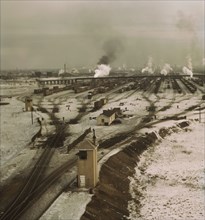 General view of the hump, Chicago and North Western railroad classification yard, Chicago, 1942. Creator: Jack Delano.
