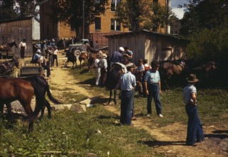 Mountaineers and farmers trading mules and horses on "Jockey St.,", Campton, Wolfe County, Ky., 1940 Creator: Marion Post Wolcott.