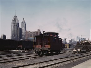 General view of part of the south Water street freight...Illinois Central Railroad, Chicago, 1943. Creator: Jack Delano.