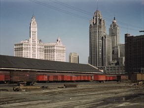 Trucks unloading at the inbound freight house of the Illinois Central Railroad...Chicago, Ill., 1943 Creator: Jack Delano.