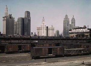 Illinois Central R.R., freight cars at the South Water Street freight terminal, Chicago, Ill, 1943. Creator: Jack Delano.