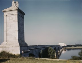 Memorial Bridge, looking from the Virginia side of the Potomac River..., Washington, D.C., ca. 1943. Creator: Unknown.