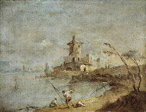 Rustic Caprice, with tower beside water.