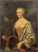 Portrait of a woman playing the hurdy-gurdy, c1740.