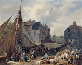 The port of Honfleur, loading cattle, c1823.