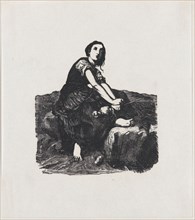 Girl seated on a rock holding a distaff, ca. 1800-1899.
