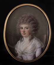 Portrait of a young woman in a curly wig, c1789.