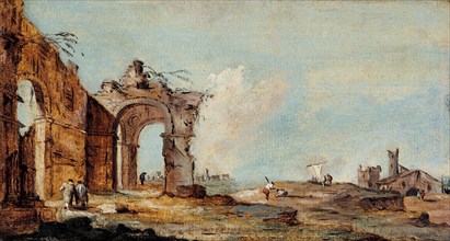 Caprice, with ruined arch and fishermen's houses.
