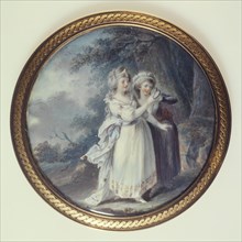 Two women in a park looking at a medallion, c1785.