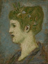 Head of a woman crowned with foliage, left profile, c1880.