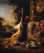 Dead game, monkey and fruit in front of a landscape, 1709.