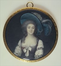 Portrait of young woman in a plumed hat, c1785.