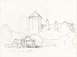 Sketch of Buildings with Cart and Horses in Foreground.