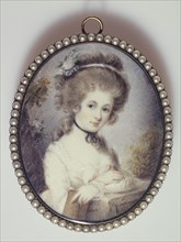 Portrait of a young woman leaning on crossed arms , c1790.