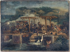 Carriage accident on a bridge around 1835, between 1830 and 1840.