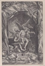 Christ rising from the tomb, assisted by two angels, 1540-83.