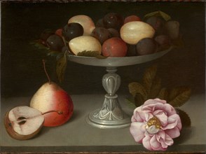 Still Life with plums, pears and a rose, ca 1602. Private Collection.