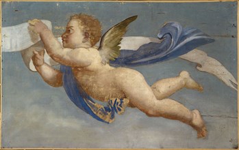 Putto holding parchment. Decorative painting, between 1801 and 1900.