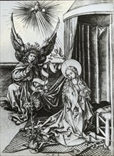 Reproduction of print: Annunciation, between 1915 and 1925. Creator: Martin Schongauer.