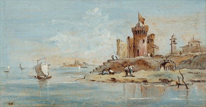 Caprice, with ruined fortress by the lagoon.