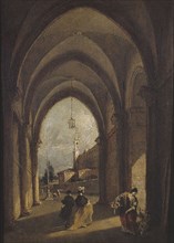 Gothic arcades, with landscape and figures.