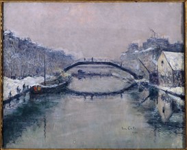 Saint-Martin canal; in snow, 10th arrondissement, 1908.