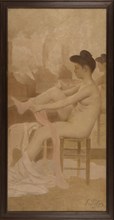 Danseuse dans sa loge enfilant un collant, between 1905 and 1909.