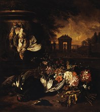 Flowers and dead game in front of a landscape, between 1662 and 1719.