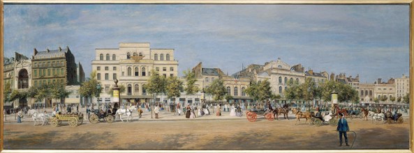 General view of theatres on Boulevard du Temple in 1862.