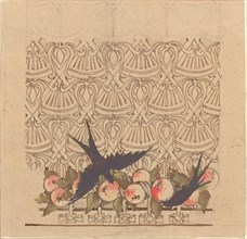 Ornamental design with two birds pecking at fruit, c.1890s.