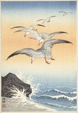 Five seagulls above turbulent sea, Between 1910 and 1920. Private Collection.