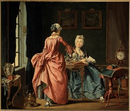A woman is reading, the chambermaid brings tea, 1775. Creator: Hilleström, Pehr (1732-1816).