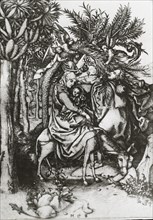 Reproduction of print: Flight into Egypt , between 1915 and 1925. Photograph of an engraving by Martin Schongauer, 1470-1490.