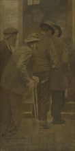 La Bouchée de pain : groupe d'hommes montant les marches, between 1904.