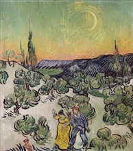 Landscape with Couple Walking and Crescent Moon, 1890. Creator: Gogh, Vincent, van (1853-1890).