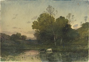 Evening Light on a Wooded Lakeside with Cattle Drinking, 1882.