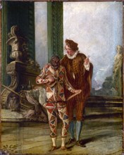 Scène de la comédie italienne : Arlequin et Ricoboni, vers 1720, c1720.