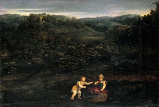Landscape with two children and a basket of grapes, c. 1550. Creator: Bordone, Paris (1500-1571).