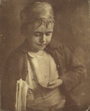 Newsboy looking at coins in his hand, half-length portrait, c1900.