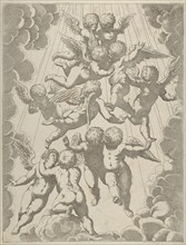 A group of angels embracing in flight, framed by clouds, after Reni, ca. 1600-1640.