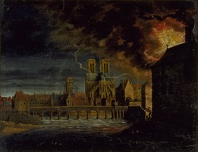 Apse of Notre-Dame, Pont de la Tournelle and ile Saint-Louis, during a fire, c1640.