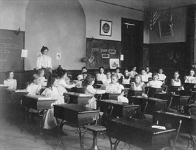 Young girls seated at desks in Washington, D.C. classroom, (1899?).