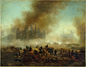 The Hotel de Ville set on fire, attacked by the troops of Versailles, 1871.